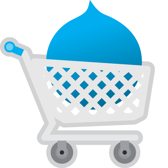 Drupal Commerce Logo: A drupal drop in a shopping cart.