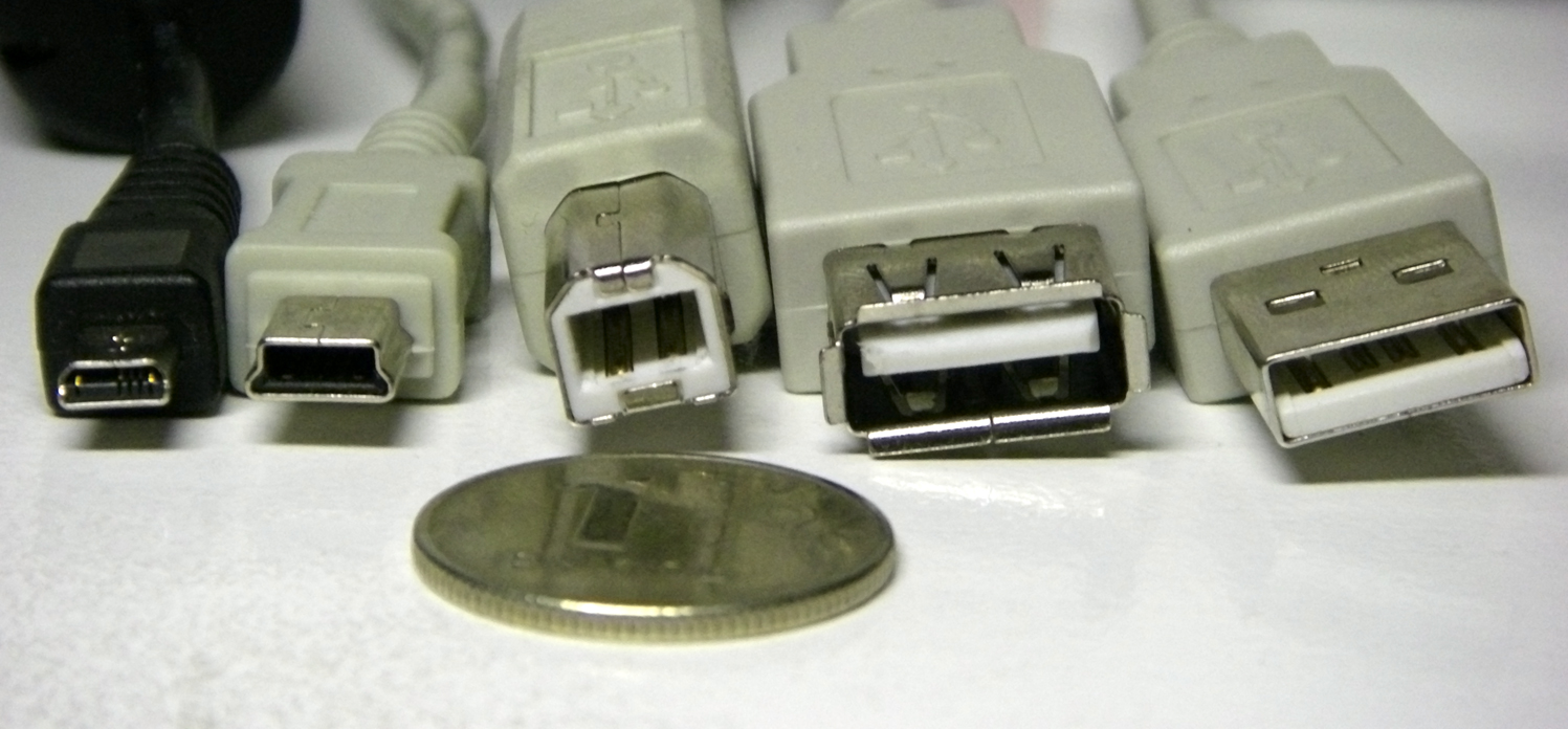 Five USB cables, each with a differently shaped plug.