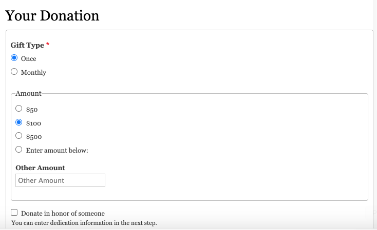 Screenshot of the donation form created by the custom donation flow.