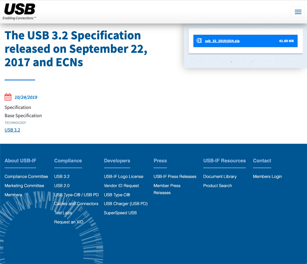 The cover of the USB 3.2 specification document.